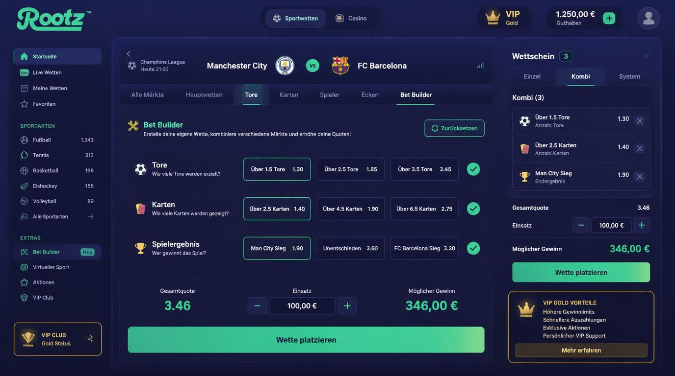 Bet Builder Interface mit mehreren Wettmärkten, VIP-Stil