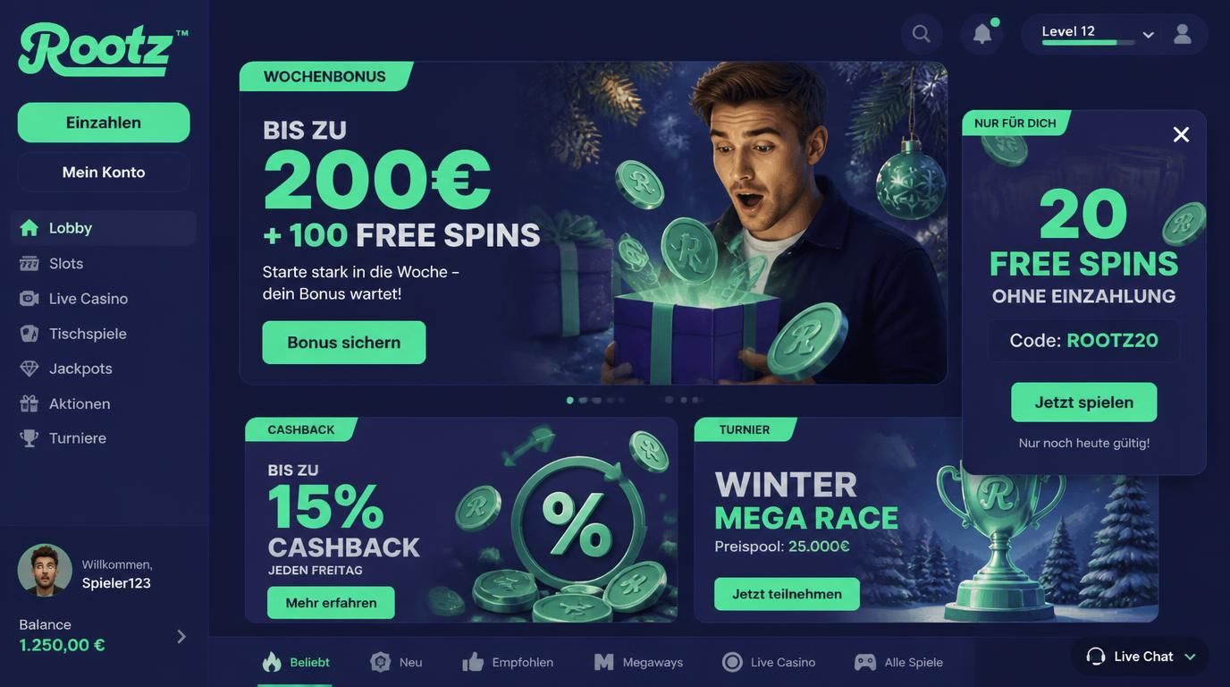 Saisonale Promo-Elemente mit Free Spins, Wochenbonus und Cashback – neugieriger Blick des Spielers