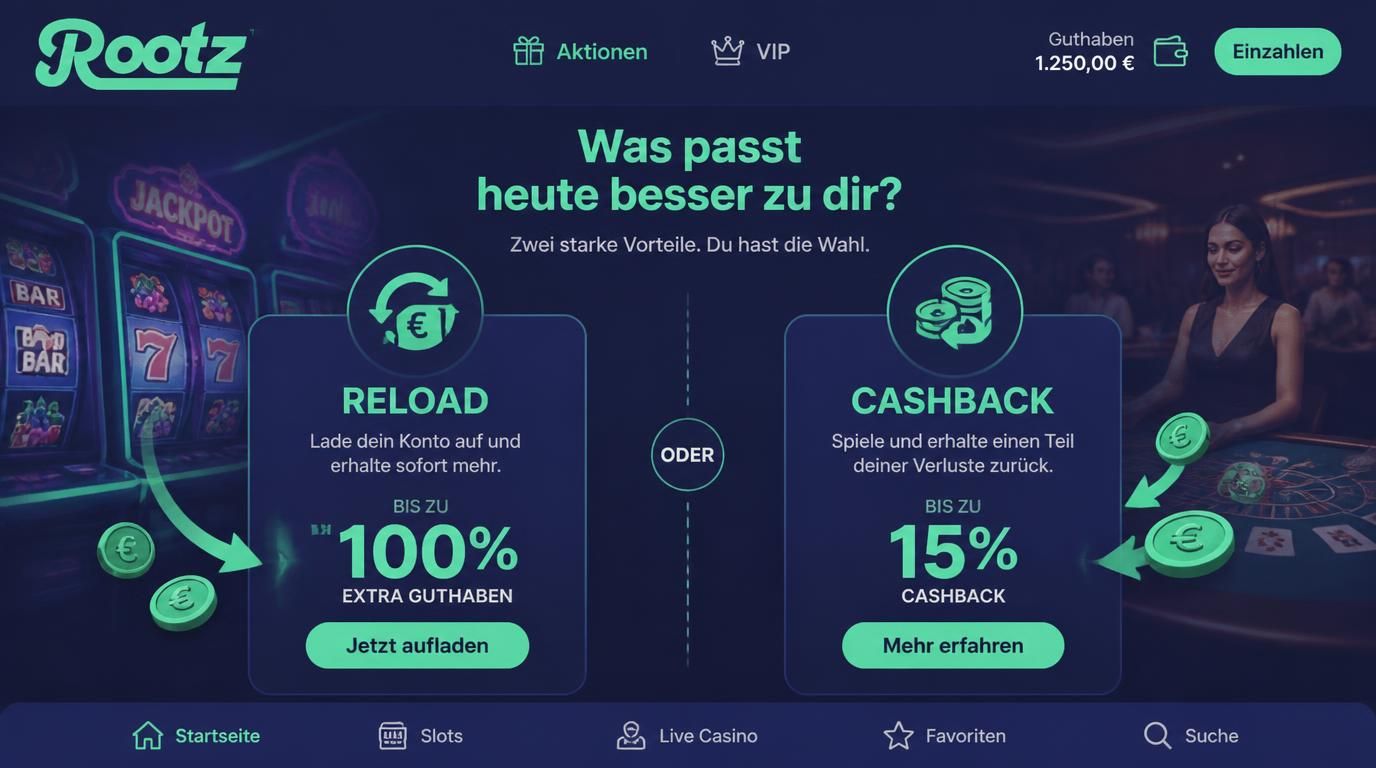 Reload-Angebot vs. Cashback klar nebeneinander dargestellt, Entscheidung sichtbar