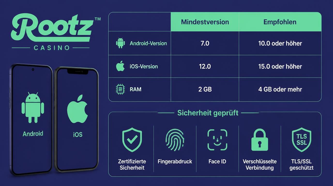Zwei Smartphones – Android und iOS – mit Versionsinfos und Sicherheitssymbolen