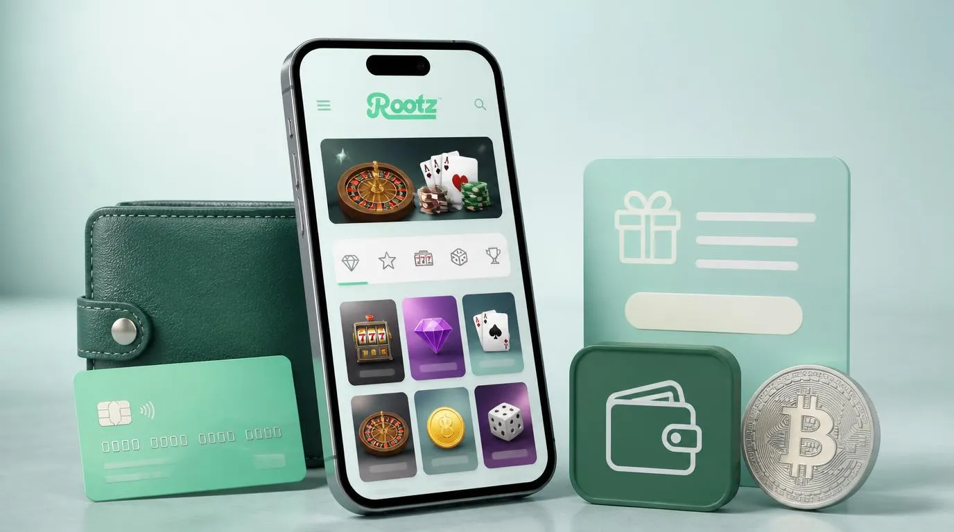Smartphone mit Casino-Oberfläche neben Karten, E-Wallet-Symbol und Darstellung einer Kryptowährung
