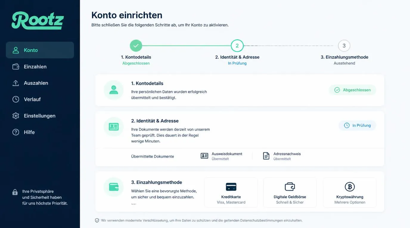 Casino-Konto mit Dokumentenupload für die Verifizierung und Auswahl einer Einzahlungsmethode