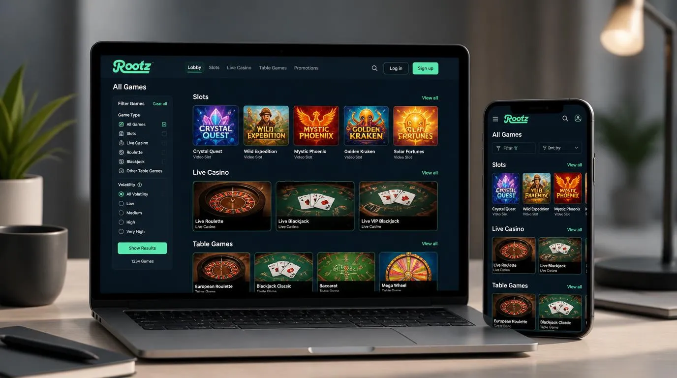 Casino-Lobby auf Laptop und Smartphone mit Slots, digitalen Tischspielen und Filtern für Spielarten