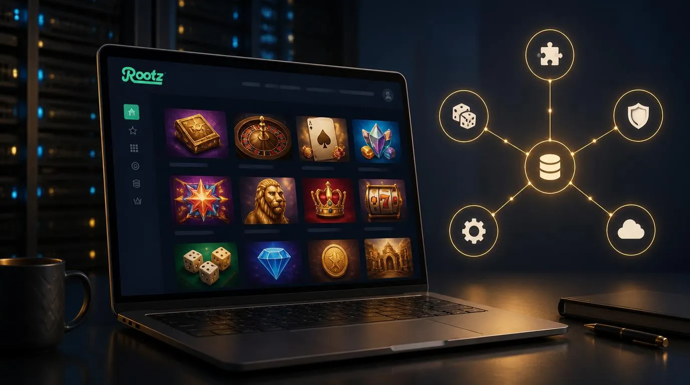 Laptop mit übersichtlichem Casino-Spielkatalog vor einer stilisierten Serverinfrastruktur